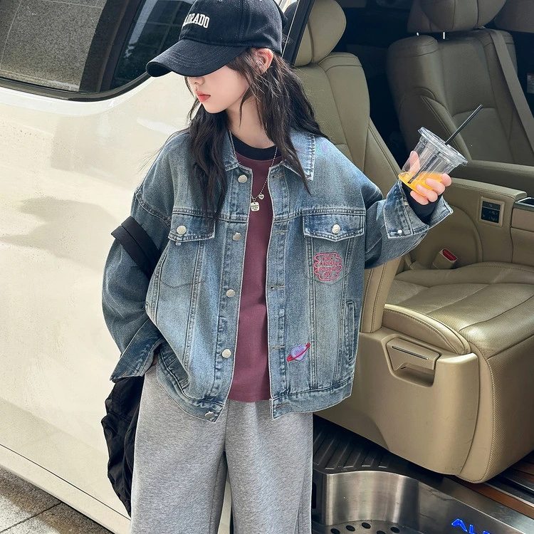 女童牛仔外套2025新款春秋装儿童洋气时髦中大童韩系刺绣牛仔外套