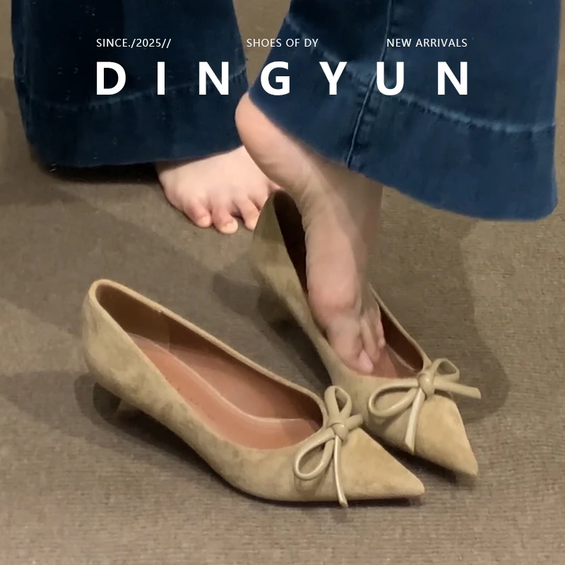 羊皮版dingyun丁允法式尖头细跟蝴蝶结单鞋通勤高跟鞋女气质女鞋