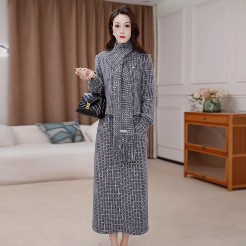 【三件套】冬季时尚修身轻奢气质洋气休闲收腰显瘦减龄女装围巾套裙