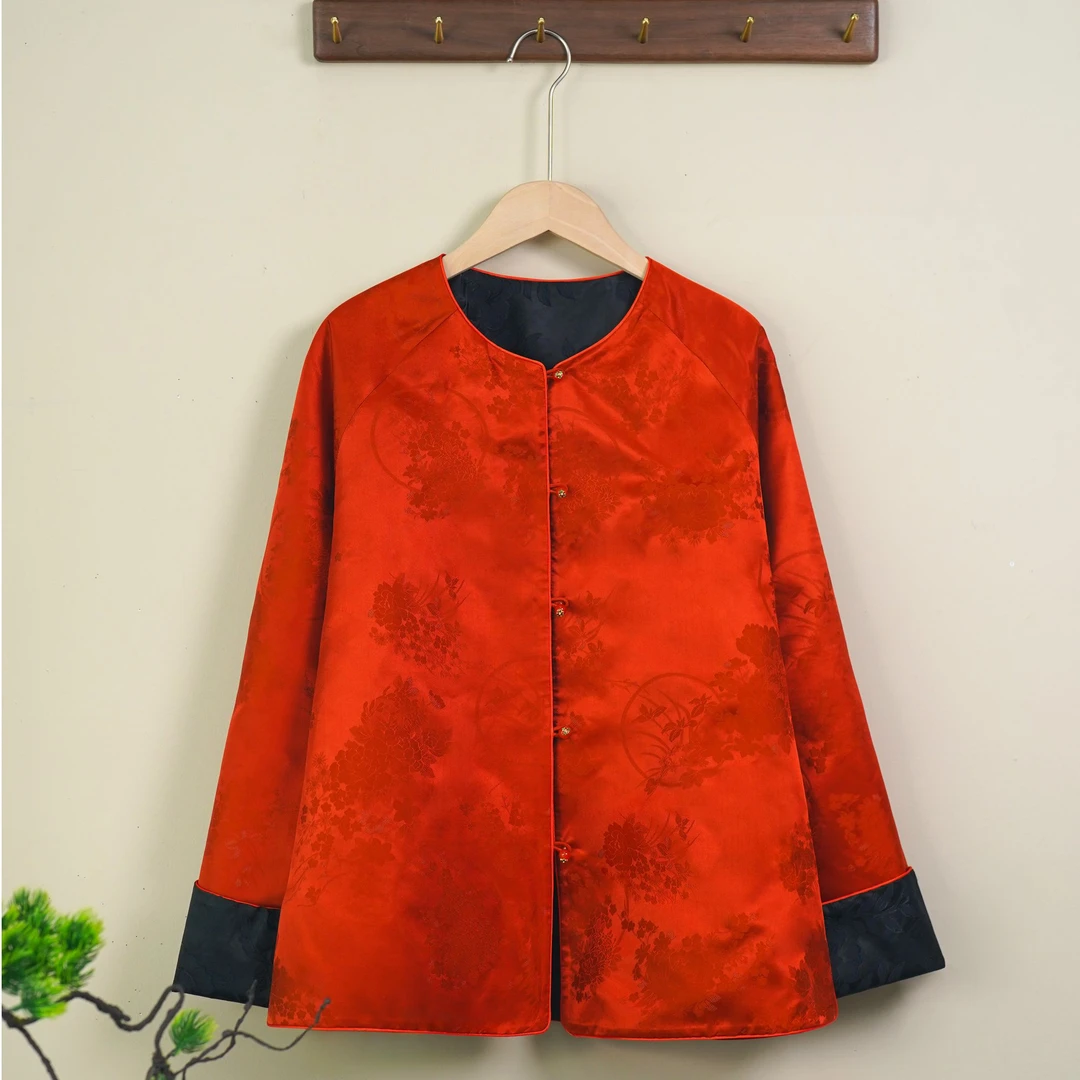 【1274红黑双面】新款新中式中国风圆领提花双面穿外套62左右衣长