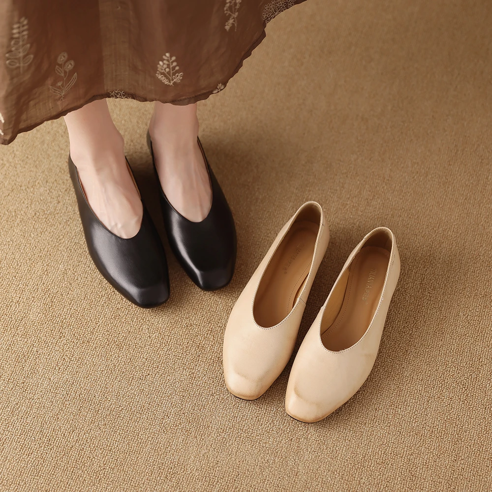 B238-3802春季新款单鞋女粗跟中跟鞋法式复古真皮女鞋子百搭