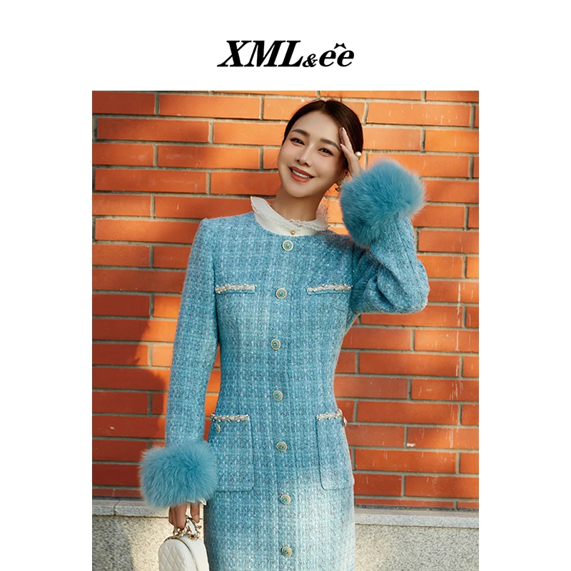 XMLee艾米尔 蓝色粗花呢圆领毛毛袖长款小香风外套 X444L5085