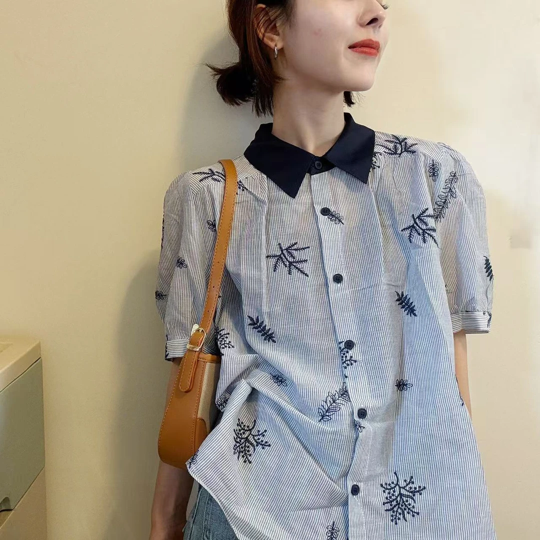 【多多外贸小号】清新减龄精致刺绣藏青领漂亮女士衬衫夏季纯棉短袖