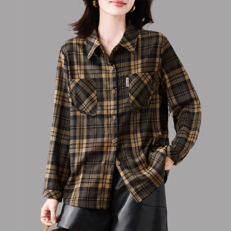 2025秋季新款女格子长袖衬衫时尚洋气减龄宽松大码休闲显瘦上衣