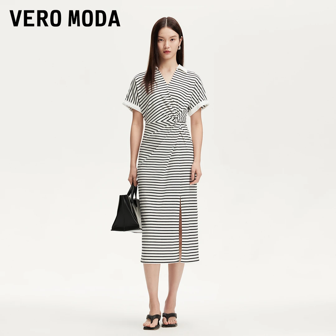 Vero Moda连衣裙女25夏V领捏褶撞色条纹裙子千金氧气裙325261019