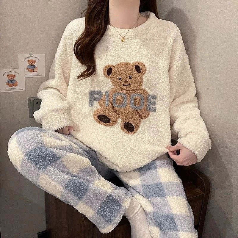 半边绒秋冬季睡衣女款加厚保暖珊瑚绒冬天卡通甜美家居服两件套装