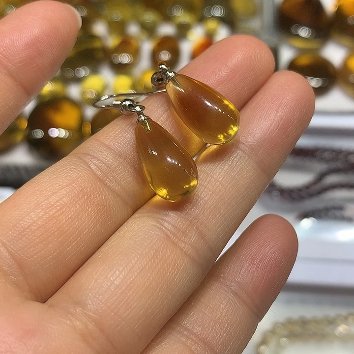 琥珀银S925镶嵌耳饰水滴耳环