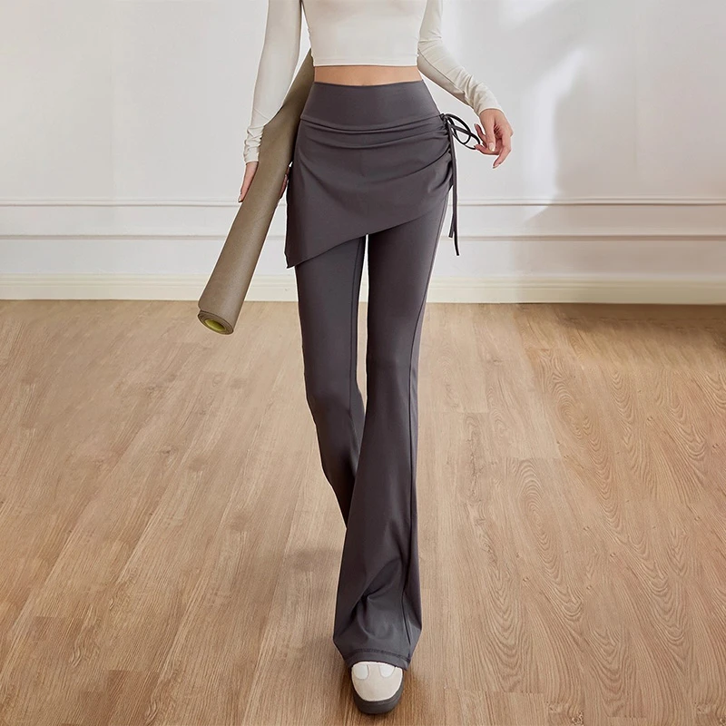 瑜伽裤女假两件裤裙高腰提臀紧身防走光喇叭裤普拉提运动健身裤