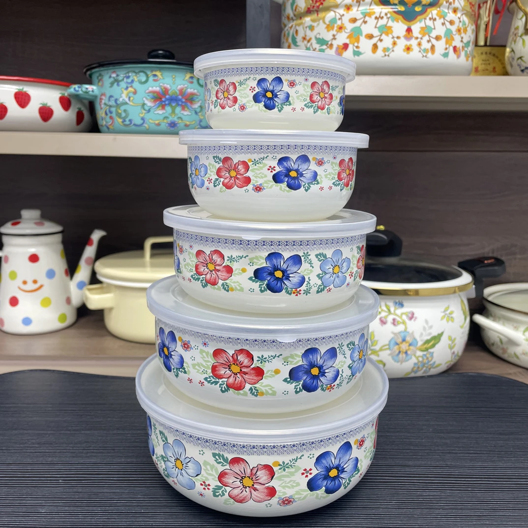 珐琅搪瓷保鲜盒储物盒饭盒冰碗调料盒调料碗餐具带盖五件套