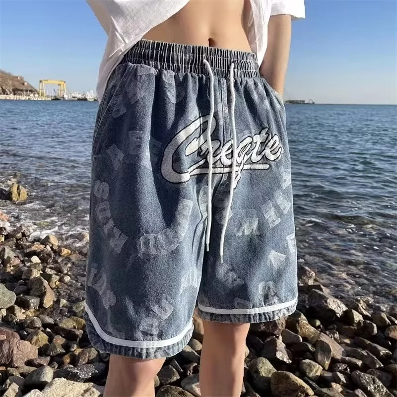 828牛仔短裤男夏季中裤美式街头百搭宽松直筒五分裤2025年ins