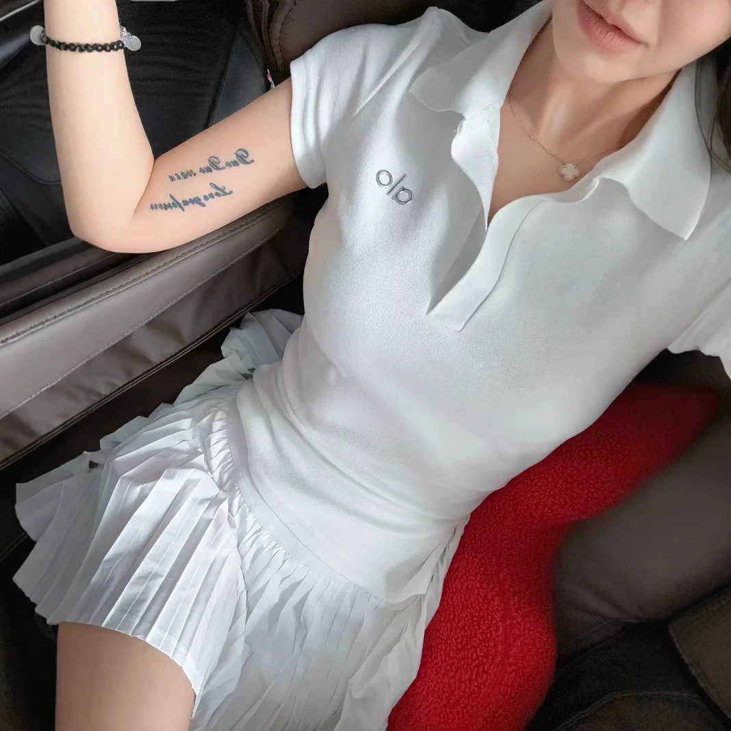 alo夏季新款简约印花短袖POLO衫女修身显瘦设计感小众短袖T恤潮流