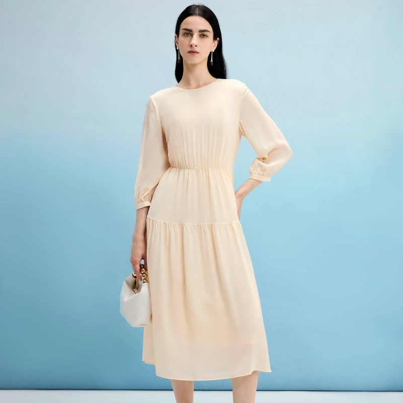 寺山文也 雅芳/12MM真丝双绉小圆领八分袖蛋糕裙高腰连衣裙女夏