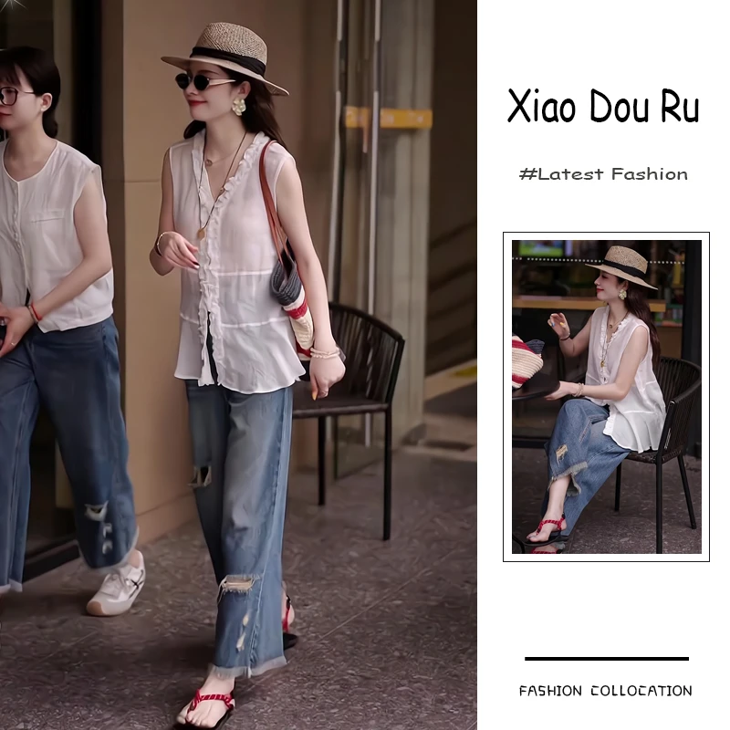 夏季流行穿搭一整套新款2025韩系文艺风无袖上衣破洞牛仔裤两件套
