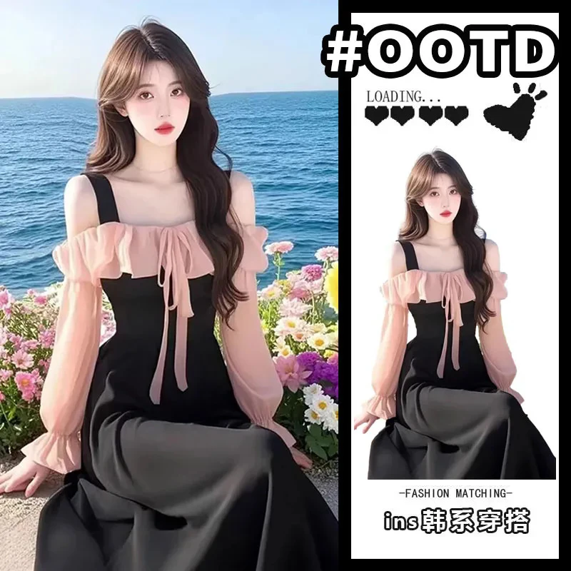 法式撞色一字肩吊带连衣裙女春装2025新款气质收腰修身黑色中长裙