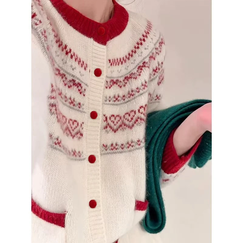 毛针织衫长袖冬季圆领女装开衫毛衣外穿网红撞色宽松设计感-9621