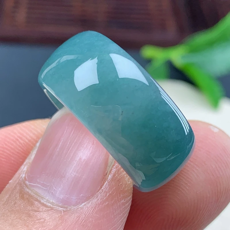 戒指内径20.3纯天然a货翡翠雪花棉老坑深蓝绿色素面轮胎扳指精美