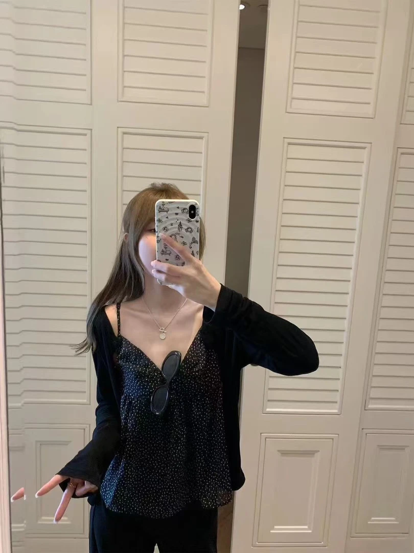 大码胖mm法式波点背心吊带女装夏季新款韩版宽松黑色开衫上衣套装