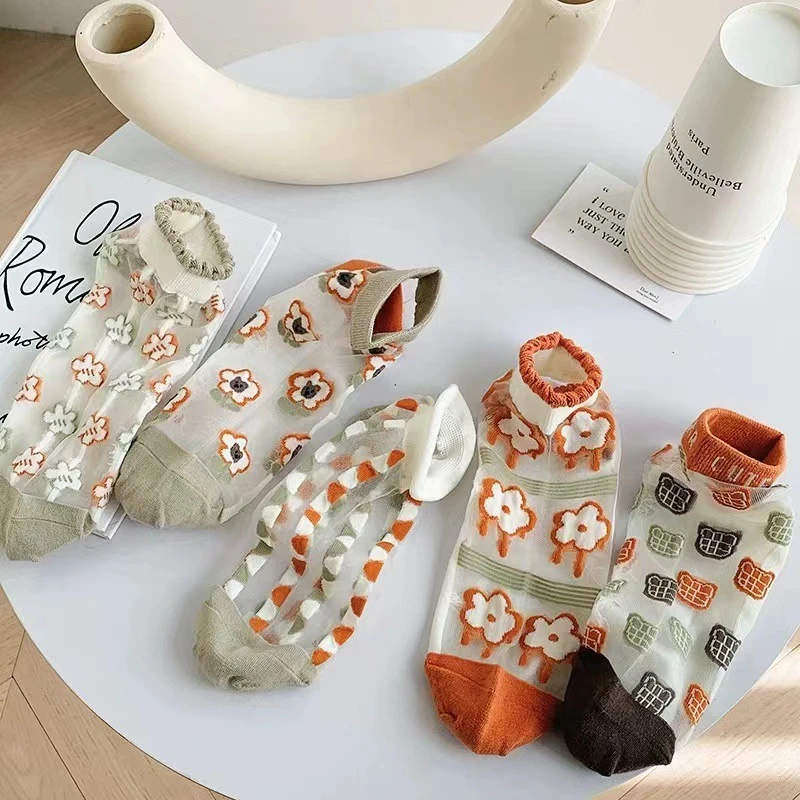 小花卡丝袜子女夏季薄款袜子水晶玻璃丝袜可爱甜美短浅口袜ins女