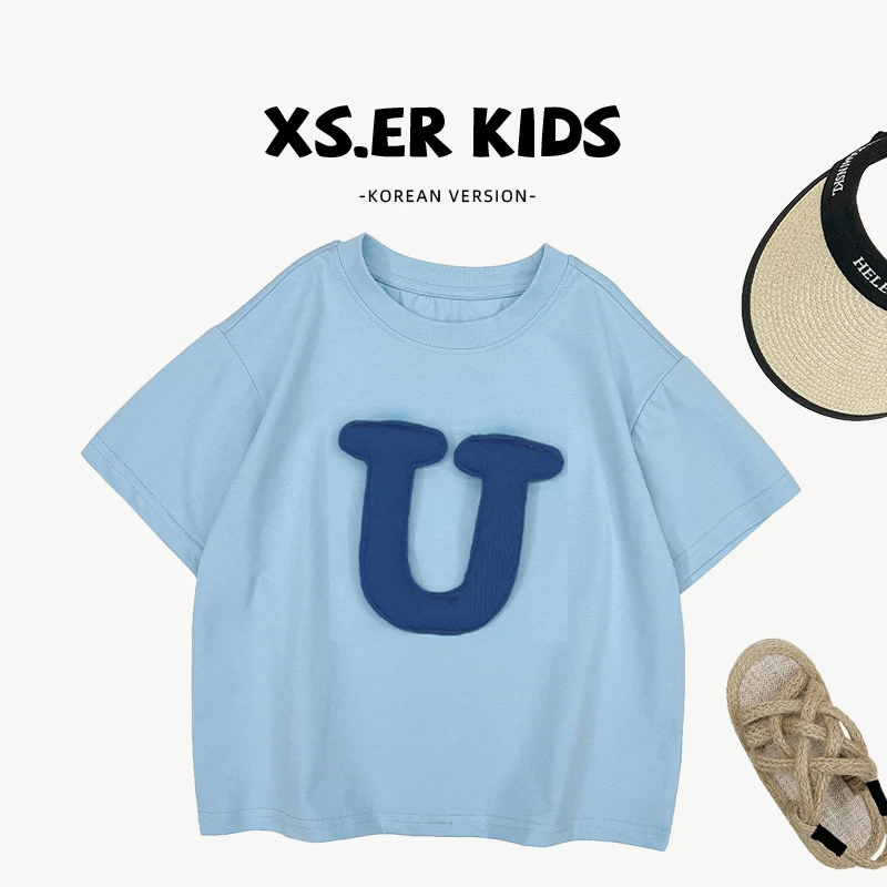 【小首尔】现货【蓝色字母】夏季男女童韩版百搭字母短袖T恤HBB7504