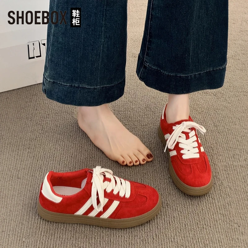 SHOEBOX鞋柜复古红色阿甘鞋女2025秋季新款百搭德训鞋休闲板鞋