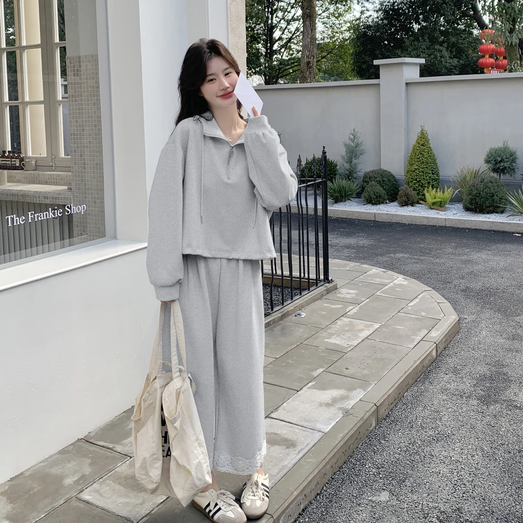 灰色连帽卫衣蕾丝拼接阔腿裤两件套女款春季新款韩系休闲减龄套装