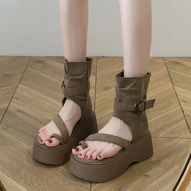 松糕厚底增高套趾凉鞋女2025新款夏季凉靴西部牛仔堆堆靴夹脚短靴