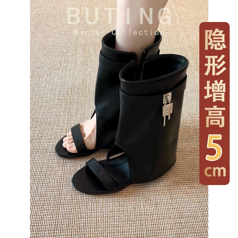 羊皮版~小个子内增高5CM坡跟凉靴女夏季透气鞋子女ins潮牌百搭