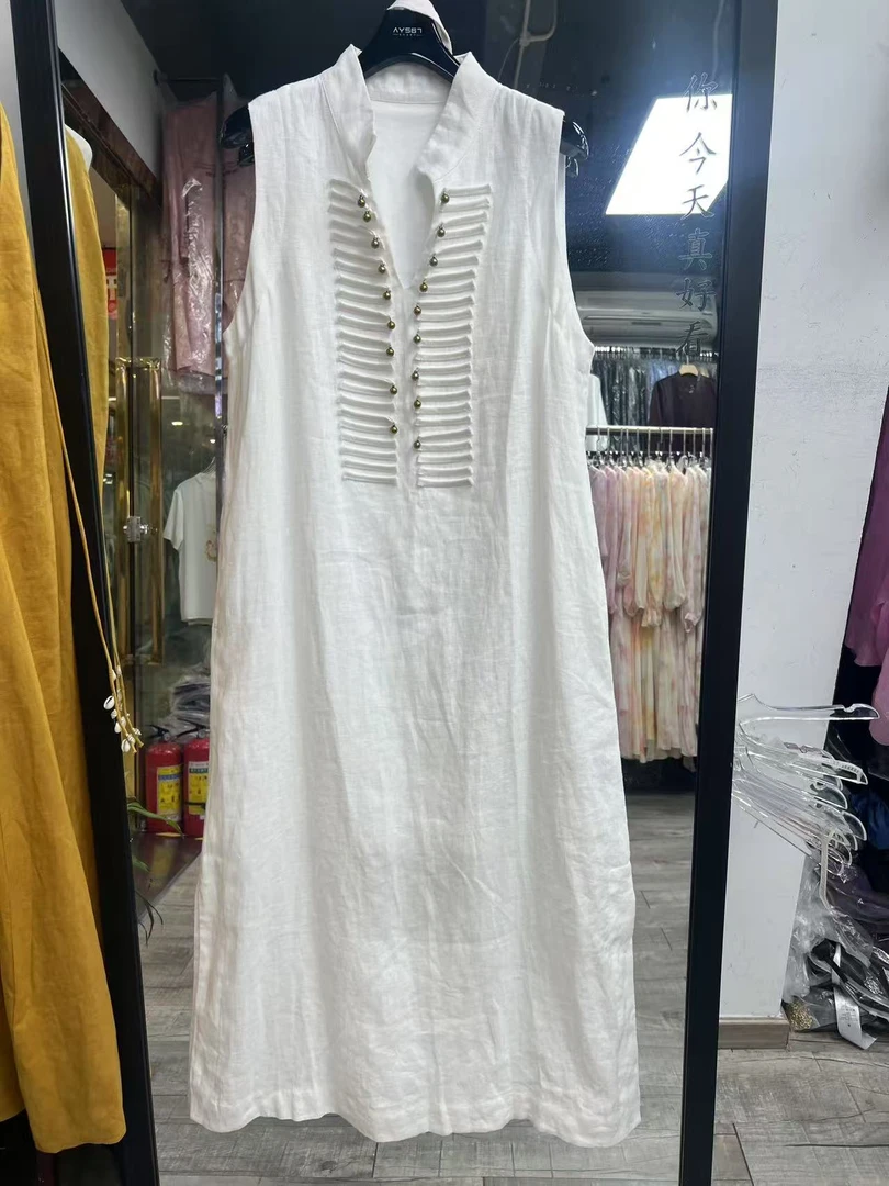 2025新款南油设计师款夏季领口重工直筒亚麻裙