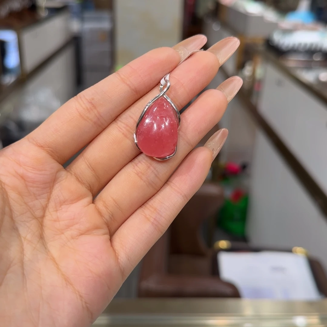 菱锰矿（红纹石）银S925镶嵌颈饰水滴吊坠