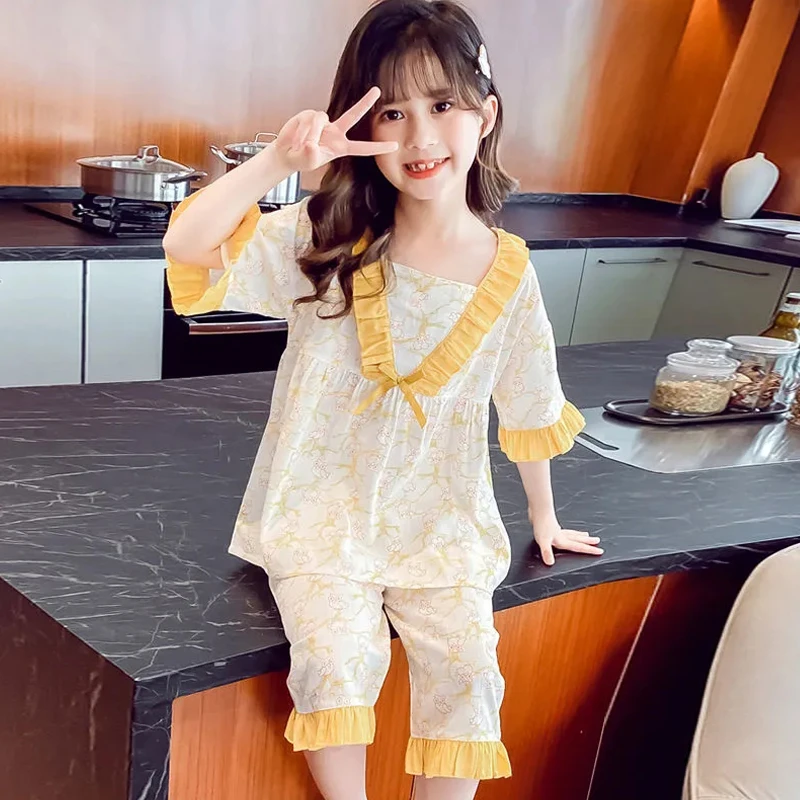 2025新款女童短袖夏季睡衣纯棉薄款中大童公主风小女孩七分裤套装