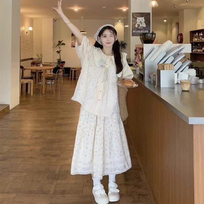 大码女装2025夏胖mm刺绣娃娃领衬衫看穿蕾丝马甲半身裙时尚三件套