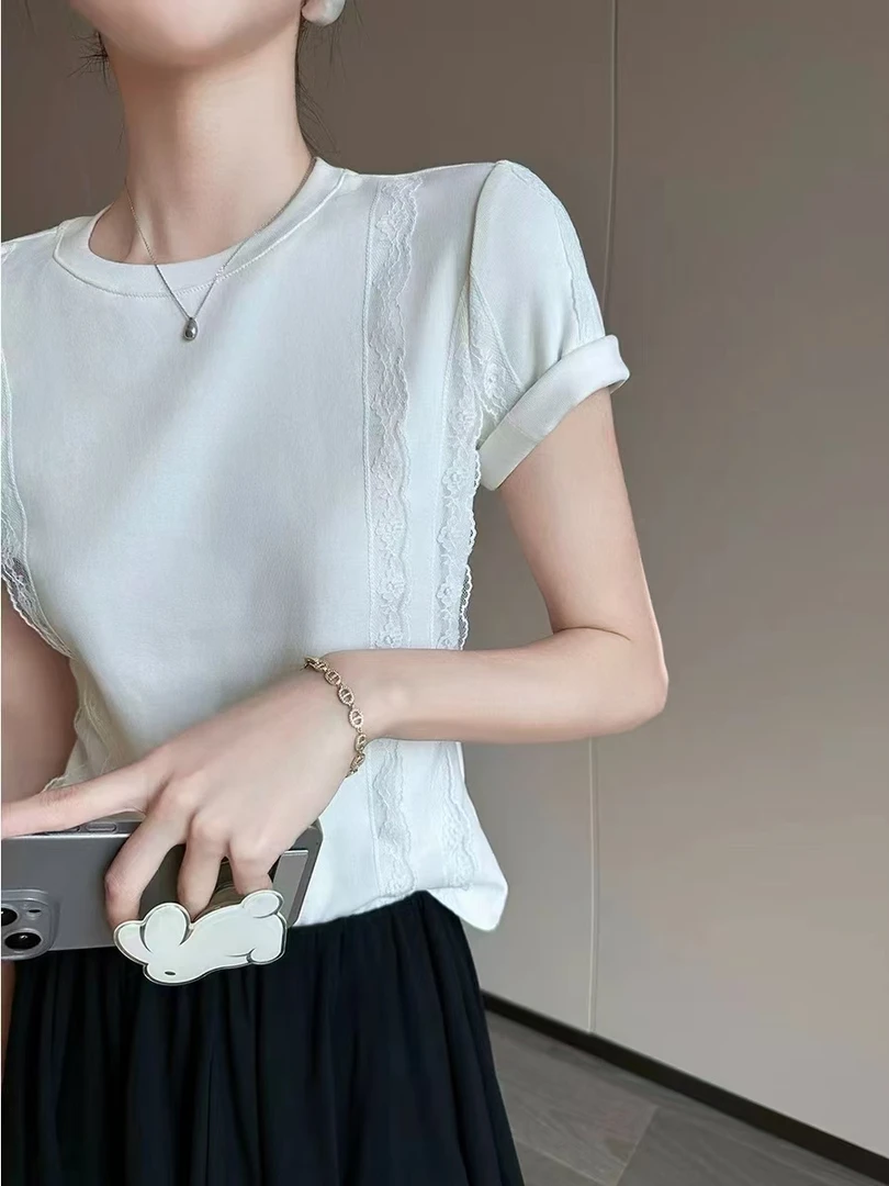 02603   张十柒圆领蕾丝短袖丁恤女夏季简约时尚正肩显瘦上衣A303