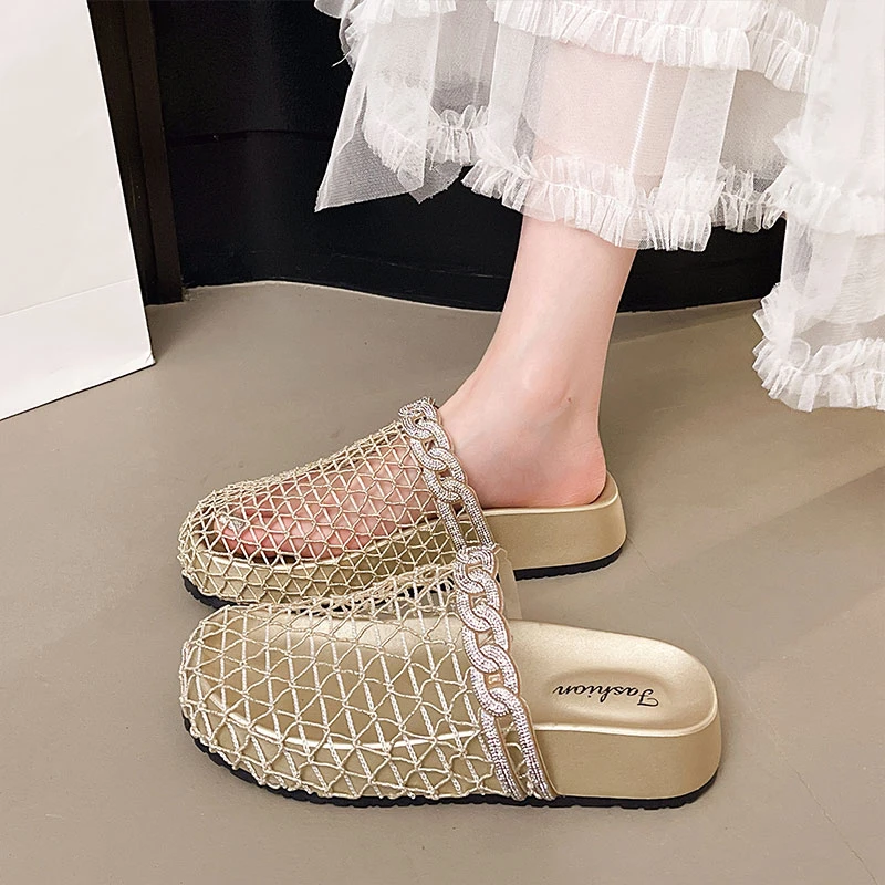 小众编织镂空网纱凉拖鞋女夏外穿2025新款平底透气包头半拖鞋凉鞋