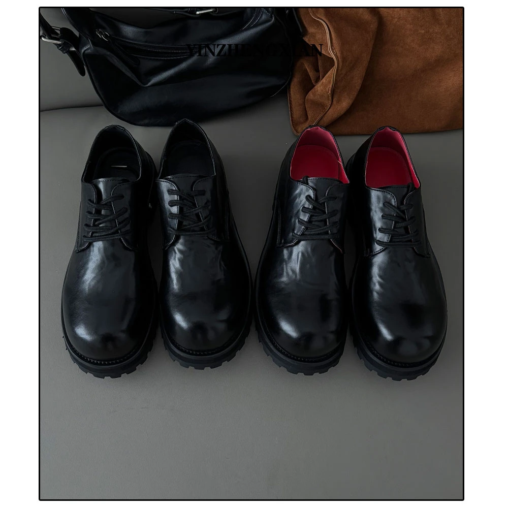 尹政贤 米奇翘头厚底增高德比鞋男胶粘鞋英伦耐磨圆头休闲皮鞋潮