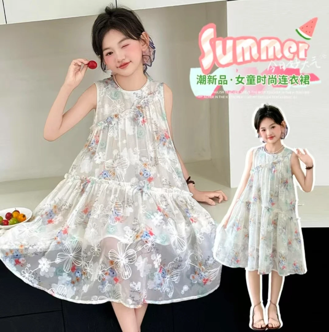 2025夏季新款女童连衣裙无袖碎花公主裙潮流时髦气质