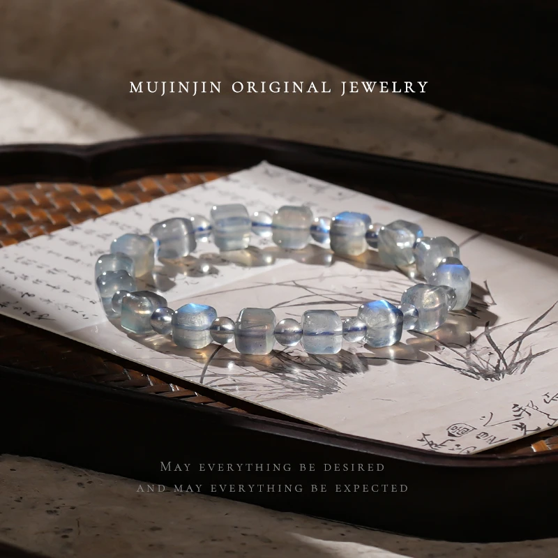 【木槿槿】天然灰月光手串女款小方糖串珠手链时尚饰品约7m XL2701