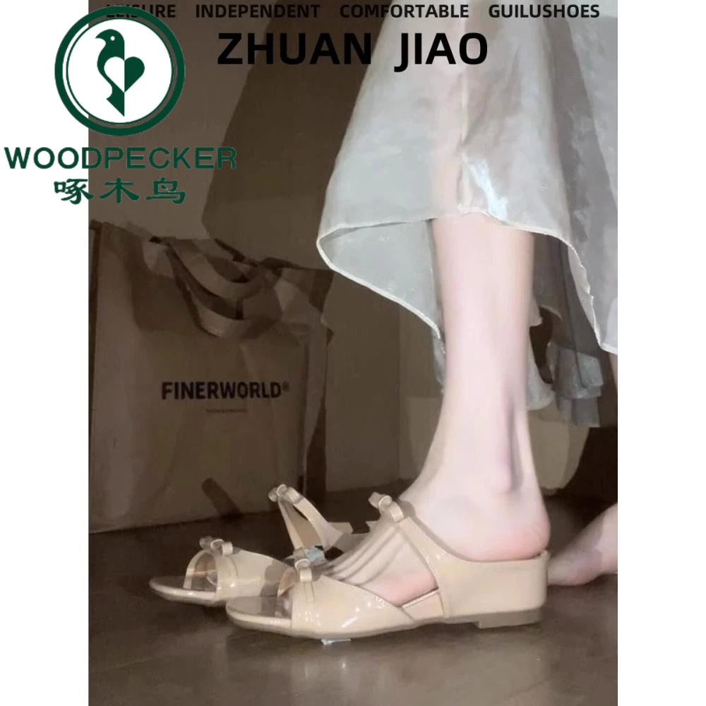啄木鸟内增高裸色温柔凉拖鞋女夏外穿仙女风碎花蝴蝶结露趾凉鞋