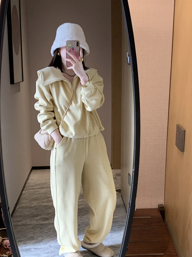 黄色加绒海军领休闲宽松两件套韩版简约百搭时尚秋冬季保暖套装