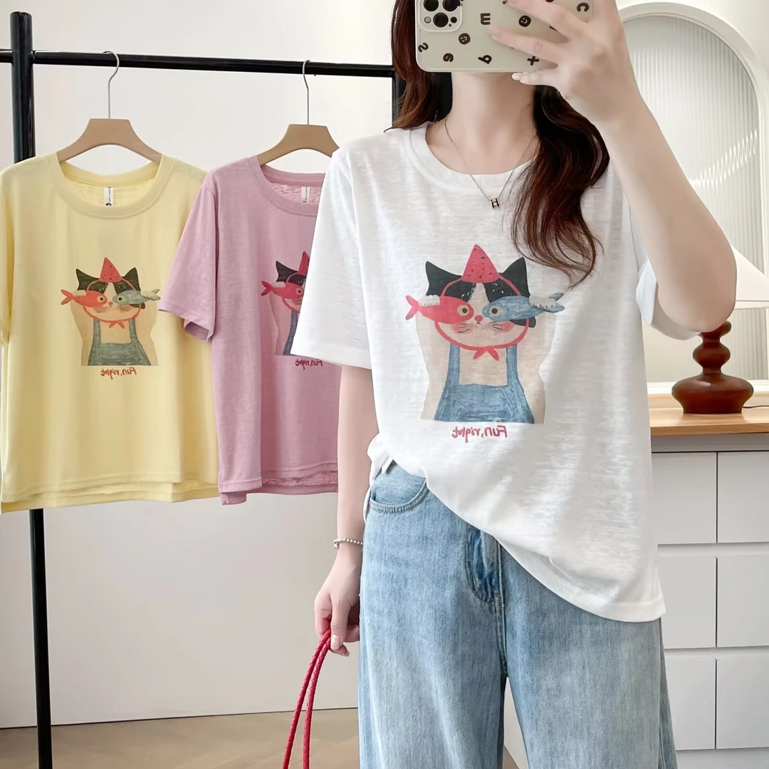 梦冬佳--110-200斤大码女装数码印卡通小猫宽松遮肚子短袖T恤上衣