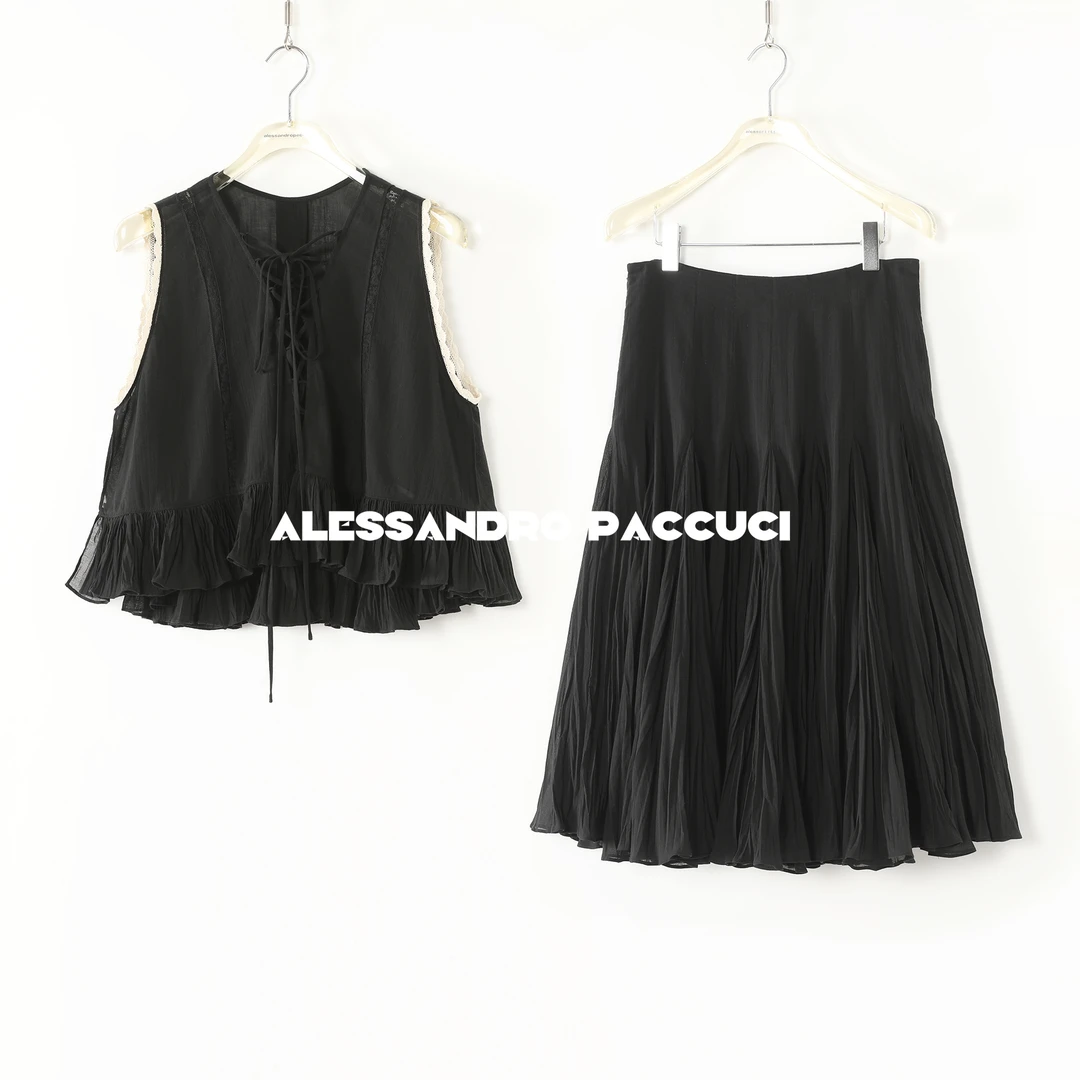 AP洛哥52068QB/52023UX【墨叠】100长绒棉压褶半身裙/无袖花边小衫