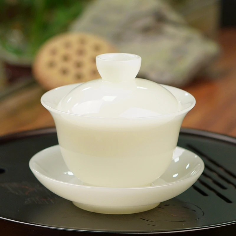 璞玉元宝盖碗大号盖碗简约防烫羊脂玉冰种白瓷陶瓷茶盖碗  CC8727