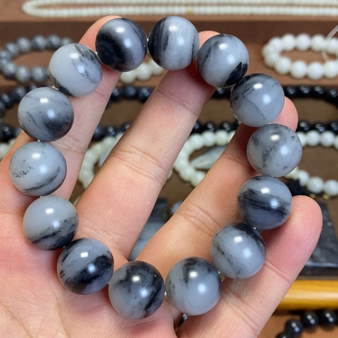 和田玉未镶嵌手串新疆和田玉青花水墨意境16圆珠手串