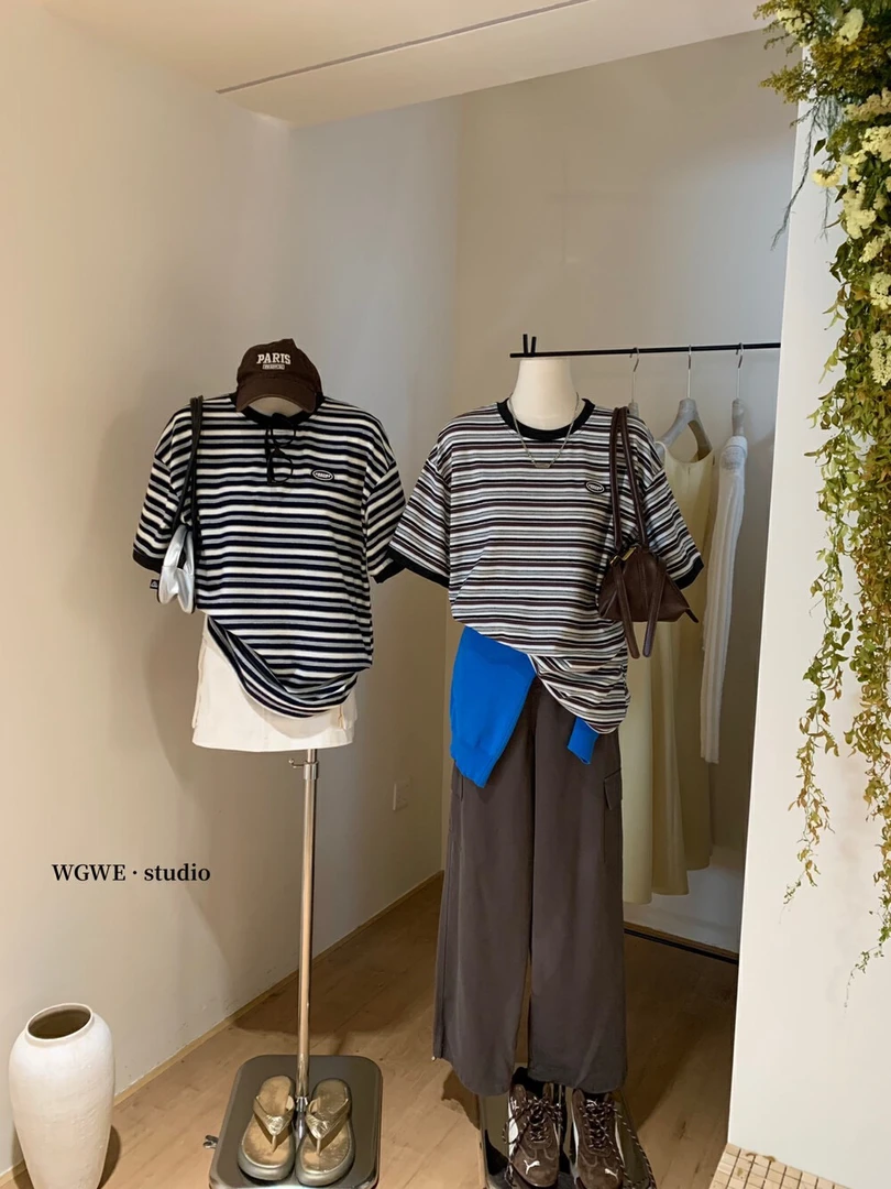 【慕伽】美式复古条纹撞色圆领套头oversize短袖T恤