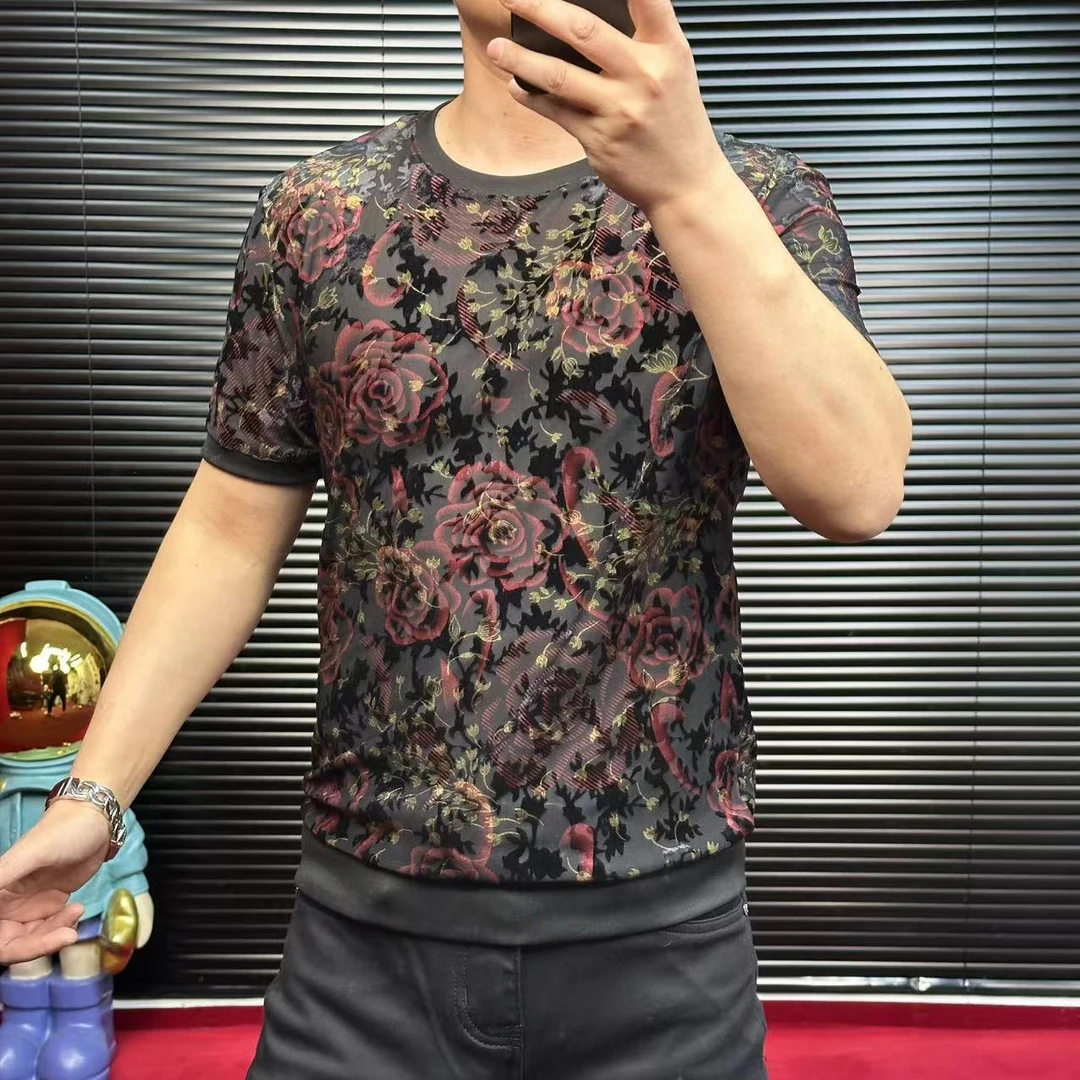 ST定制2025高品质欧货时尚植绒提花铜氨冰丝网纱玫瑰花薄T恤6015