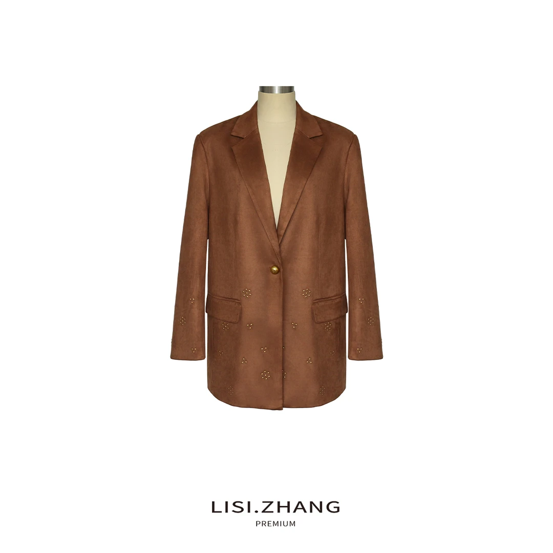 LISI.ZHANG--【钉珠短外套】磨砂翻毛皮质感宽松直筒V领时尚大外套