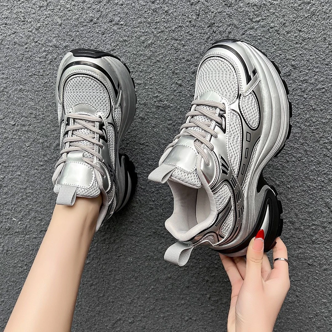老爹鞋ins超火厚底松糕小个子7cm网面透气运动休闲鞋显瘦银色女鞋