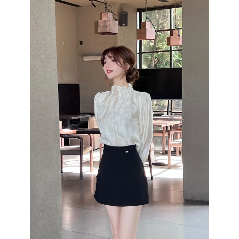 《白月清梦》法式钉珠立领气质小香风衬衣＃8508