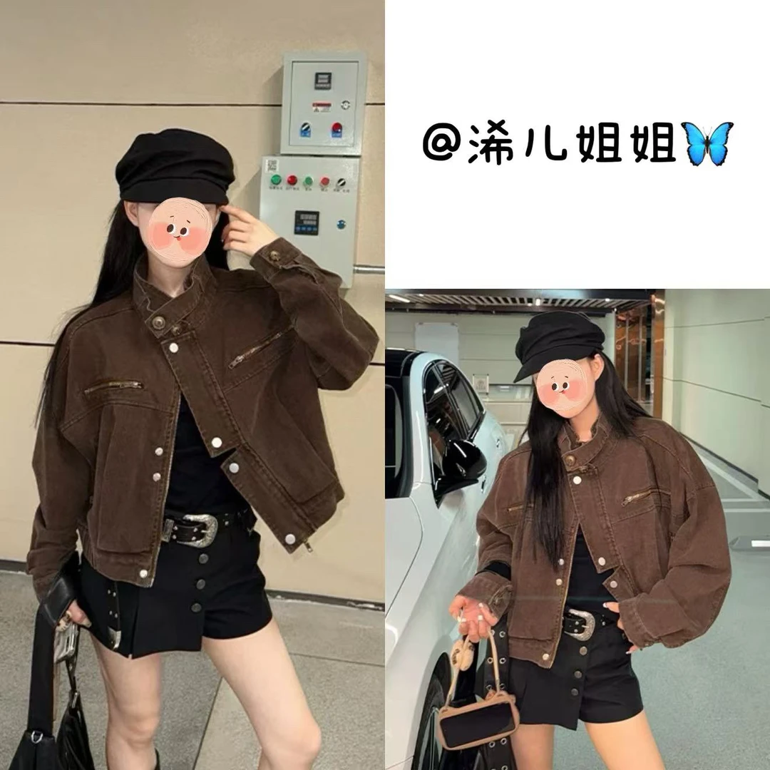 （浠儿家）美式复古工装风短款牛仔机车外套女2025秋季新款夹克