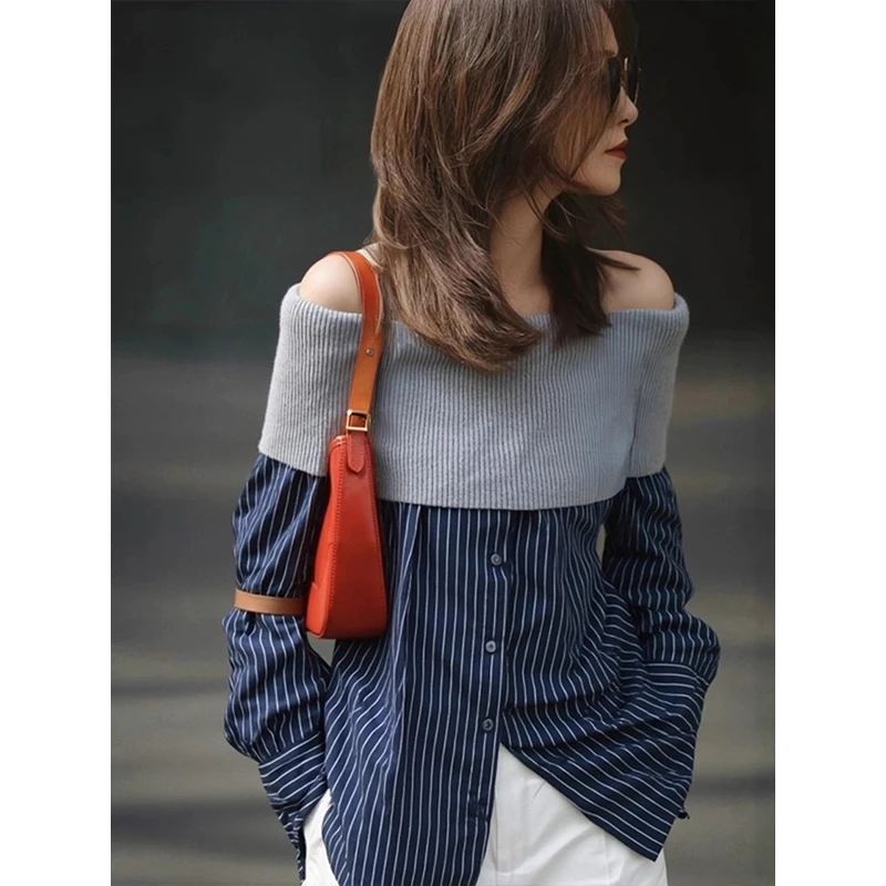 法式小资一字肩拼接假两件上衣设计感短款气质蓝色长袖衬衫女早秋