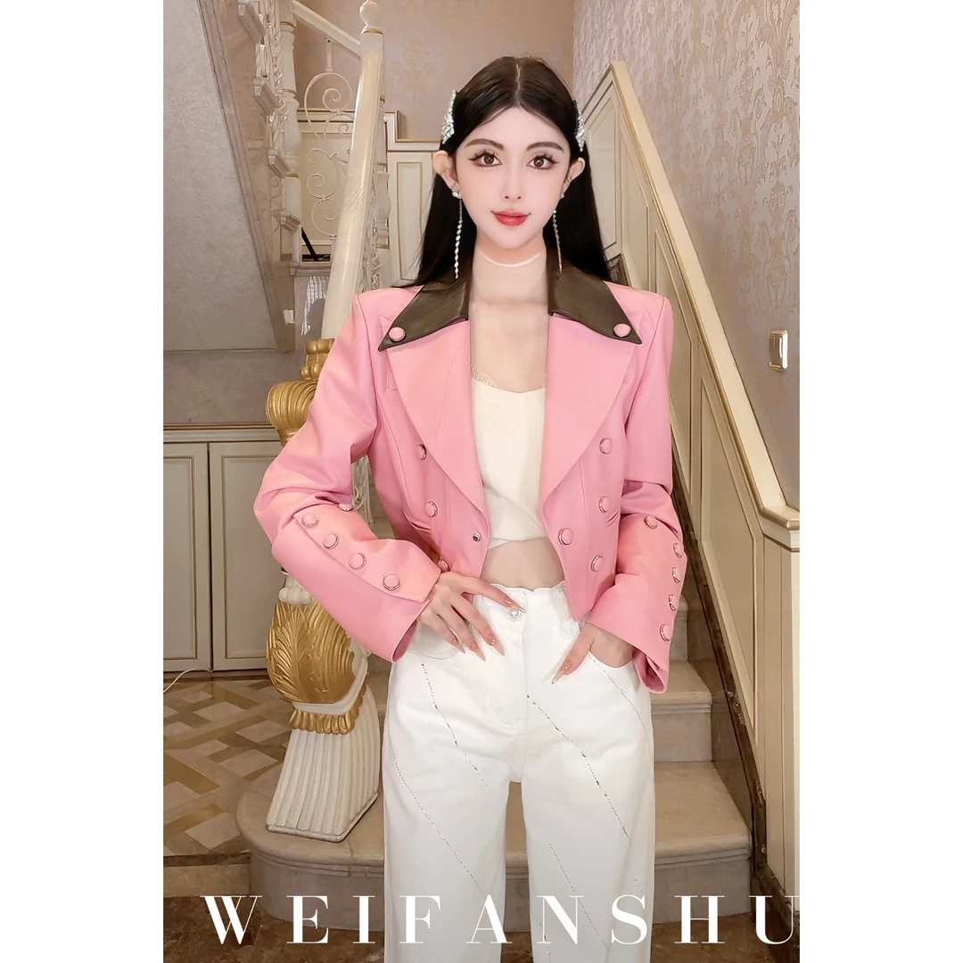 WEIFANSHU/魏凡舒【甜酷双修】早春新款气质时尚短款显瘦羊皮套装